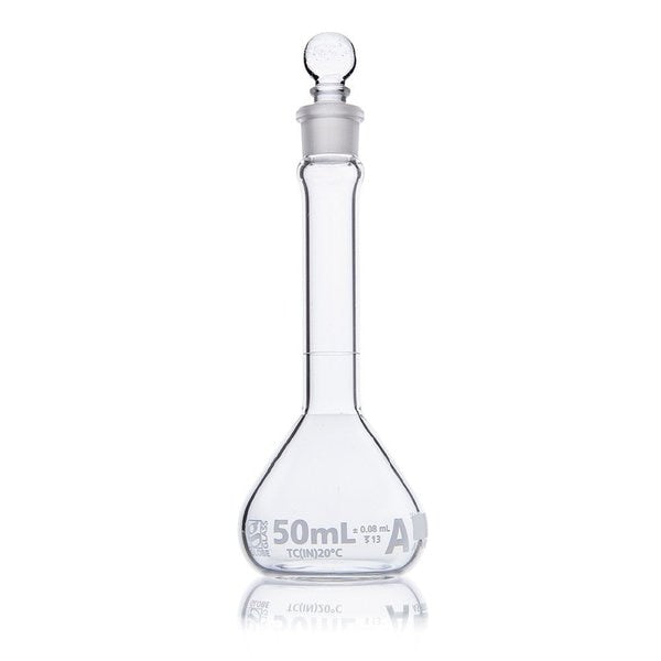 Flask, Volumetric, Wide Mouth, Globe Glass, 50mL, Class A, To Contain (TC), ASTM E288, 6/Box