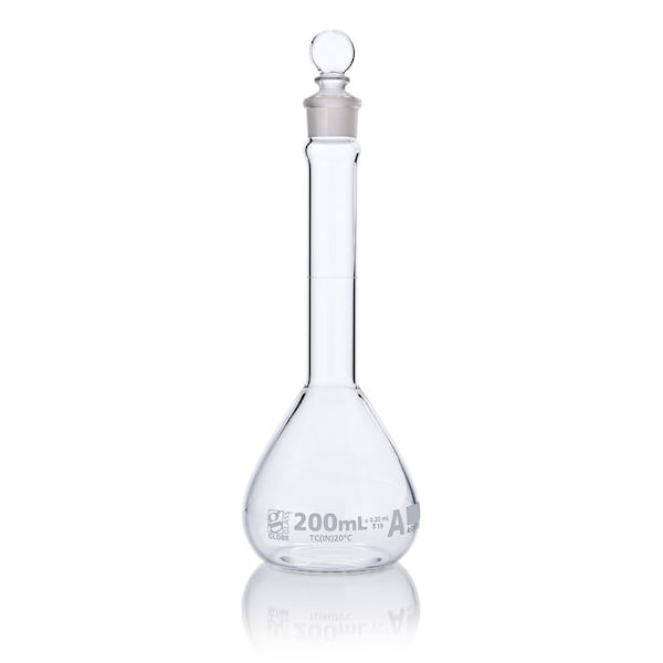 Flask, Volumetric, Wide Mouth, Globe Glass, 200mL, Class A, To Contain (TC), ASTM E288, 6/Box