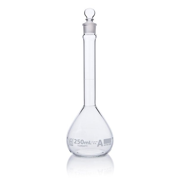 Flask, Volumetric, Wide Mouth, Globe Glass, 250mL, Class A, To Contain (TC), ASTM E288, 6/Box