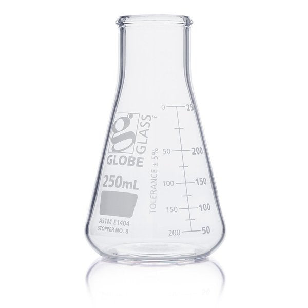 Flask, Erlenmeyer, Globe Glass, 250mL, Wide Mouth, Dual Graduations, ASTM E1404, 12/Box