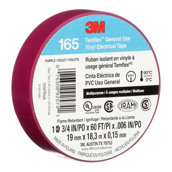 Elec Tape, 60 ft Lx3/4 in W, 6 mil, Purple