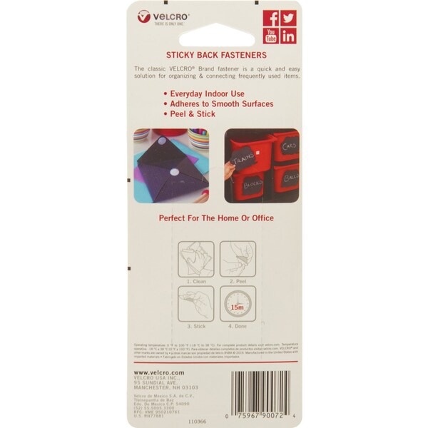 Reclosable Fastener Shape, Square, Rubber Adhesive, 7/8 in, 7/8 in Wd, Black, 12 PK