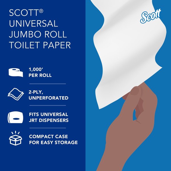 High-Capacity Jumbo Roll Toilet Paper, 2-Ply, Non-perforated, Compact Case (1,000'/Roll, 4 Rolls)