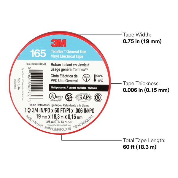 Elec Tape, 60 ft Lx3/4 in W, 6 mil, Red