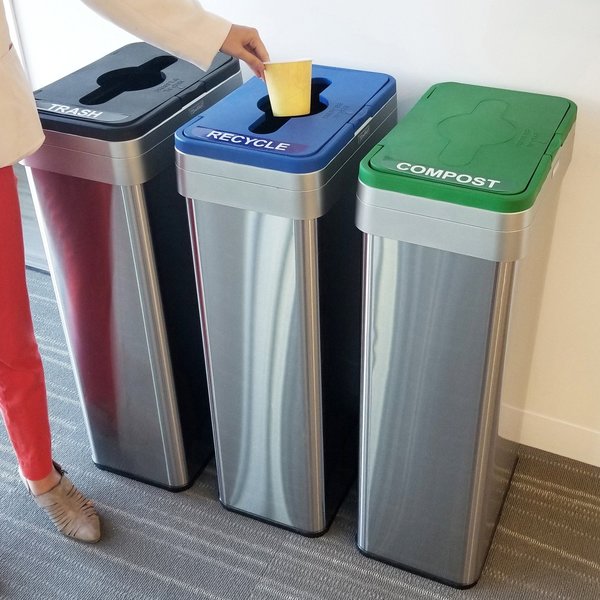 21 gal (each) Rectangular Recycle, Compost, And Trash Bins, Silver, Stainless Steel