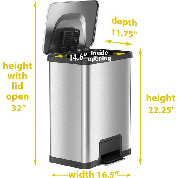 13 gal Rectangular Trash Can, Silver, Stainless Steel