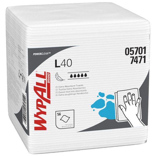 Dry Wipe, L40, 56, 1/4 Fold, Spr Hvy Absorb, Double Recreped DRC, 12 in x 12 1/2 in, White, 18 Pack