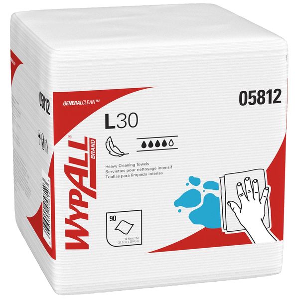 Dry Wipe, L30 1/4 Fold, Mod Absorb, Double Recreped (DRC), 90 Wipes, 12 x 12 1/2 in, White, 12 Pk