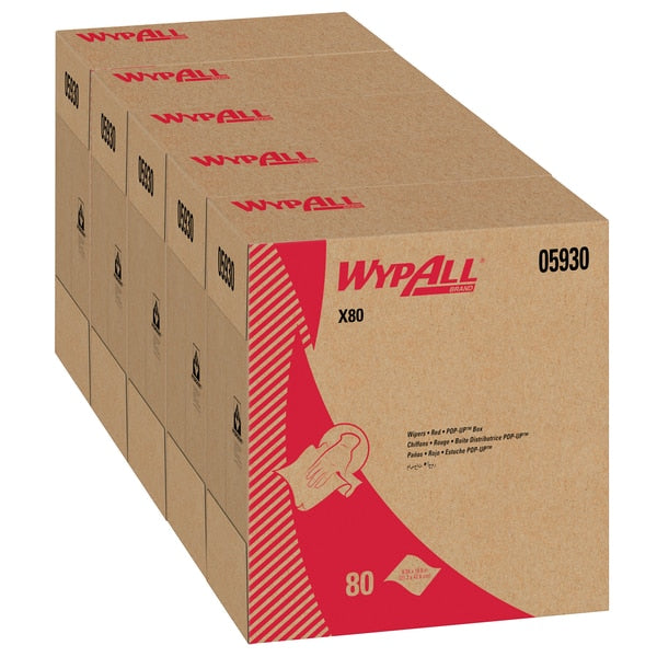 Dry Wipe, X80, Pop Up Box, Super Heavy Absorb, Hydroknit, 8 1/4 x 16 3/4 in, 80 Sheets, Red, 5 Pk