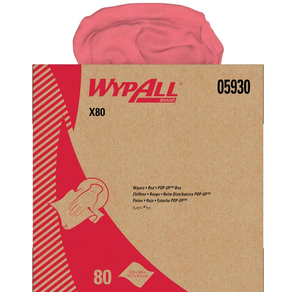 Dry Wipe, X80, Pop Up Box, Super Heavy Absorb, Hydroknit, 8 1/4 x 16 3/4 in, 80 Sheets, Red, 5 Pk