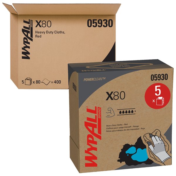 Dry Wipe, X80, Pop Up Box, Super Heavy Absorb, Hydroknit, 8 1/4 x 16 3/4 in, 80 Sheets, Red, 5 Pk