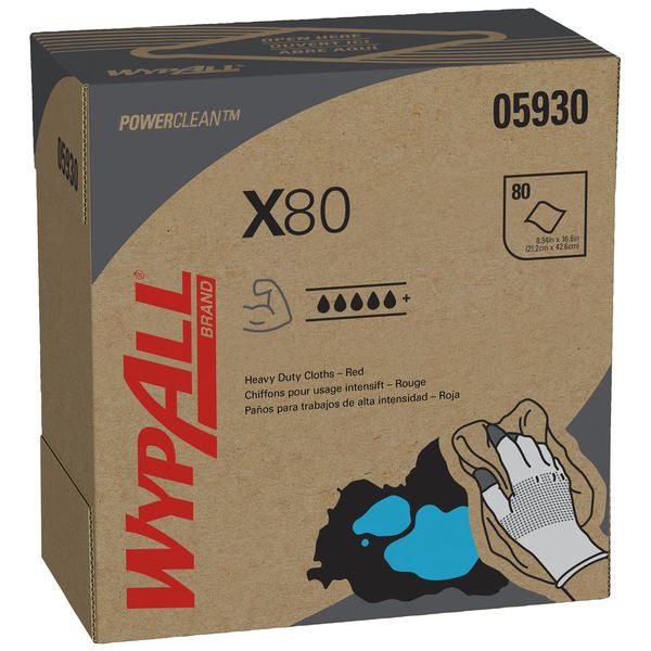 Dry Wipe, X80, Pop Up Box, Super Heavy Absorb, Hydroknit, 8 1/4 x 16 3/4 in, 80 Sheets, Red, 5 Pk