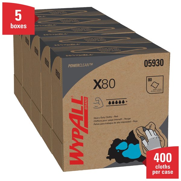 Dry Wipe, X80, Pop Up Box, Super Heavy Absorb, Hydroknit, 8 1/4 x 16 3/4 in, 80 Sheets, Red, 5 Pk
