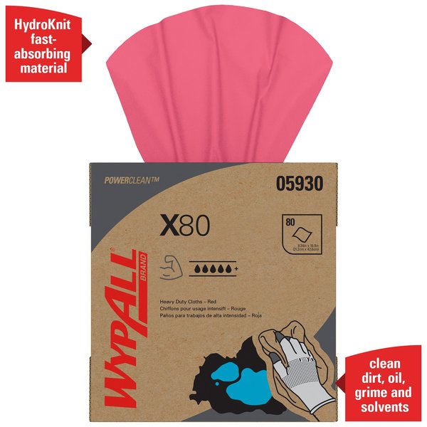 Dry Wipe, X80, Pop Up Box, Super Heavy Absorb, Hydroknit, 8 1/4 x 16 3/4 in, 80 Sheets, Red, 5 Pk