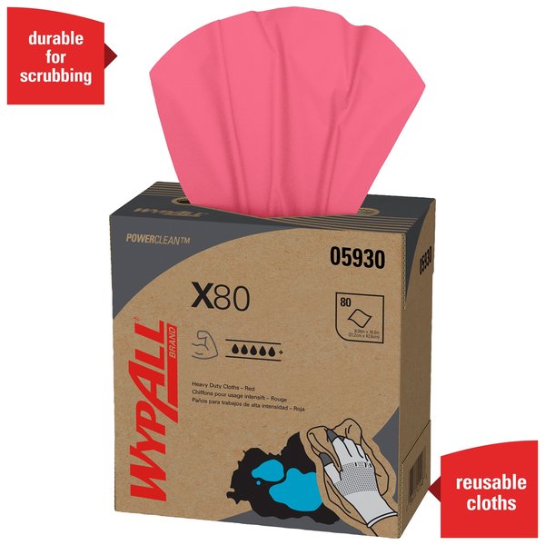 Dry Wipe, X80, Pop Up Box, Super Heavy Absorb, Hydroknit, 8 1/4 x 16 3/4 in, 80 Sheets, Red, 5 Pk