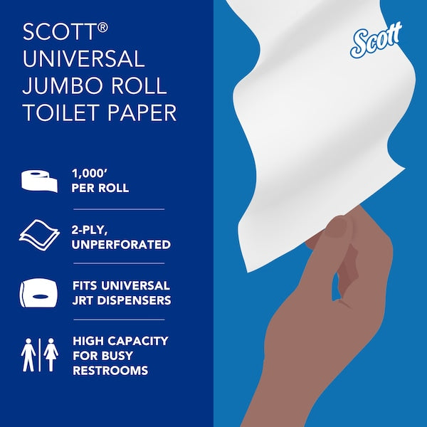 High-Capacity Jumbo Roll Toilet Paper, 2-Ply, White, Non-perforated, (1,000'/Roll, 12 Rolls/Case)