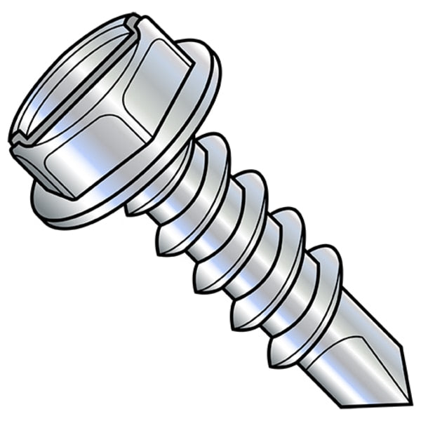 Self-Drilling Screw, #14 x 2 in, Zinc Plated Steel Hex Head Slotted Drive, 1000 PK