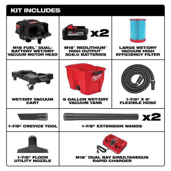 M18 FUEL 9 Gallon Dual-Battery Wet/Dry Shop Vacuum Kit
