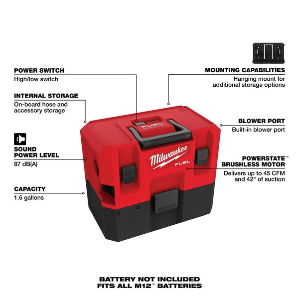 M12 FUEL 1.6 Gallon Wet/Dry Vacuum (Tool Only)