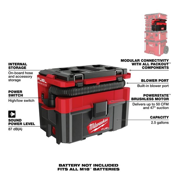 M18 FUEL PACKOUT 2.5 Gallon Wet/Dry Vacuum (Tool Only)