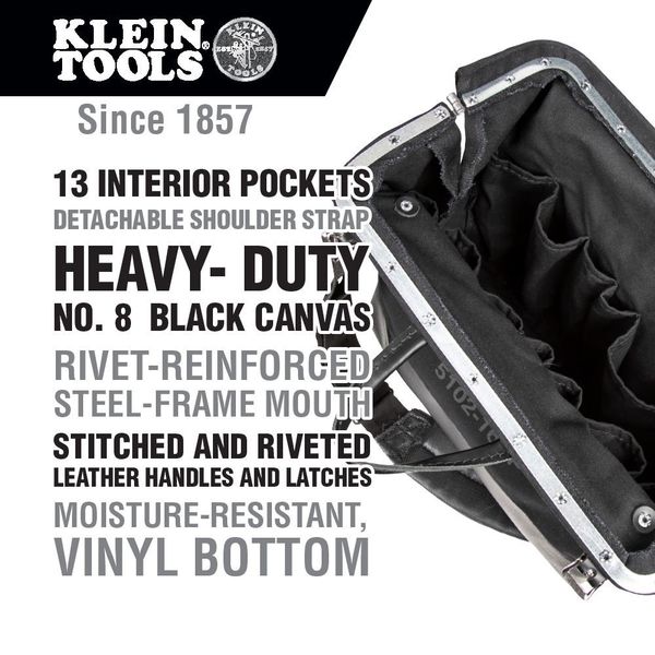 Deluxe Tool Bag, Black Canvas, 13 Pockets, 16-Inch