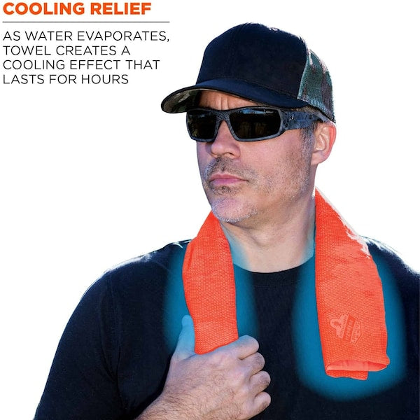 Evaporative Cooling Towel, PVA, Long Lasting Cooling Relief, 29.5 in L x 13 in W, Orange