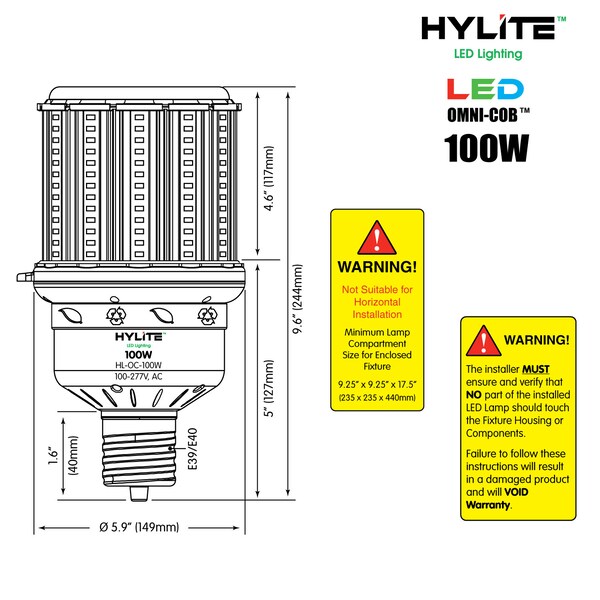 LED Omni-Cob Repl Lamp for 400W HID, 100W, 14000 Lumens, 5000K, E39