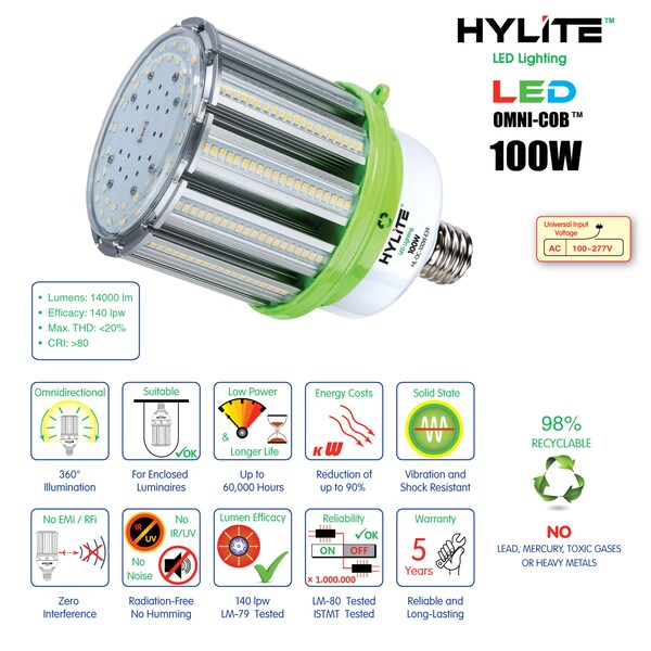 LED Omni-Cob Repl Lamp for 400W HID, 100W, 14000 Lumens, 5000K, E39
