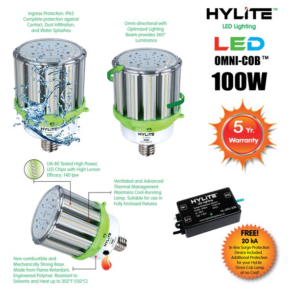 LED Omni-Cob Repl Lamp for 400W HID, 100W, 14000 Lumens, 5000K, E39