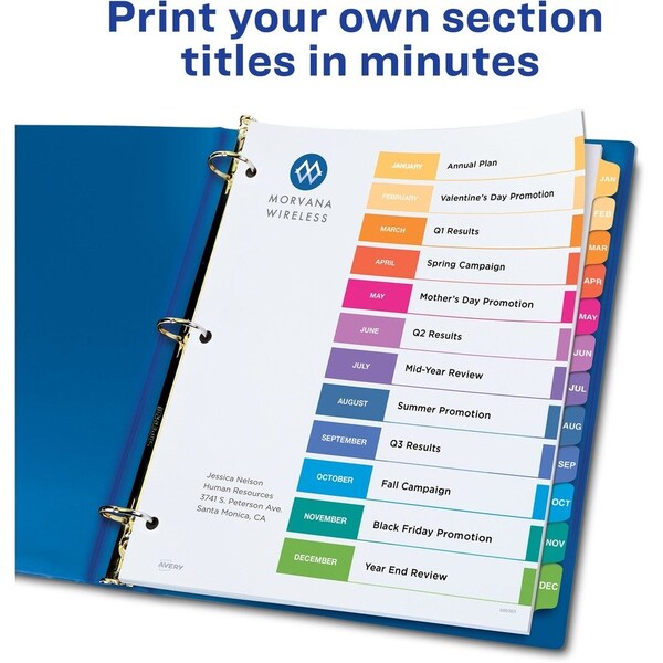 Table of Contents Index Dividers, Monthly Jan-Dec, Assorted, PK12
