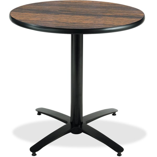 Round KFI 30in Walnut Round Breakroom Table with Arched X Base, 29 W, 30 L, 29 H