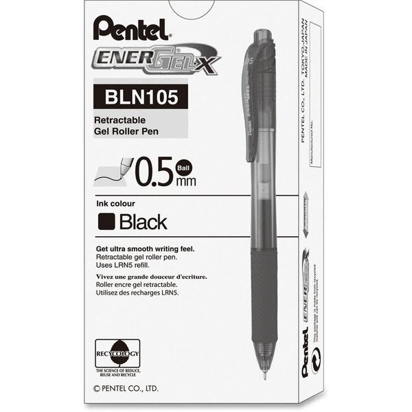 Retractable Roller Ball Pen, Fine 0.5 mm, Black PK12