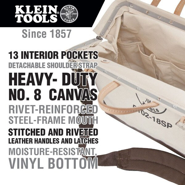 Wide-Mouth Tool Bag, Heavy Duty Canvas, 13 Pockets, Brown/Tan