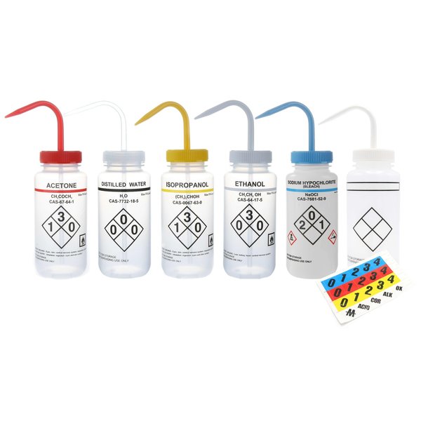 Wash Bottle, Safety Labeled, Assorted, PK6