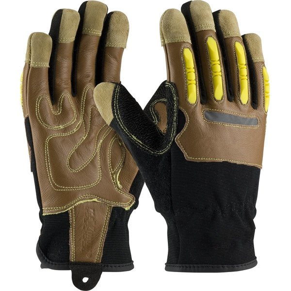 Mechanics Gloves, M, Brown/Black/Yellow, Reinforced Goatskin Leather/Foam Padded, Goatskin Leather