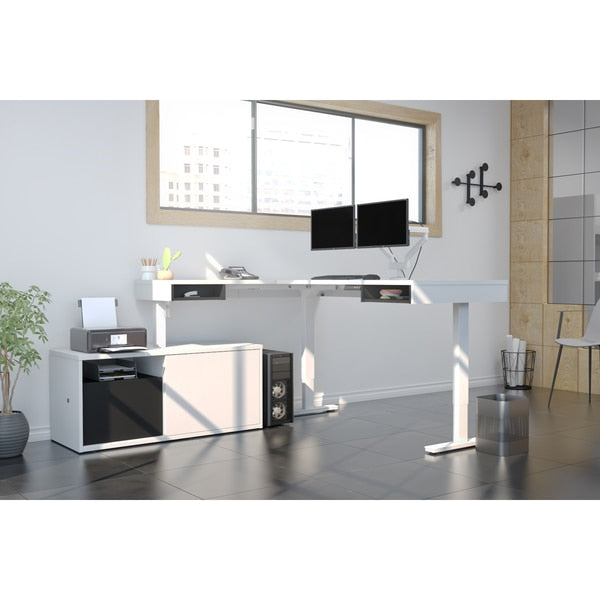 Pro-Vega Height Adjustable L-Desk, Dual Monitor Arm, White/Black