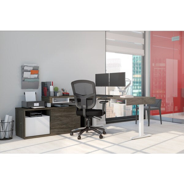 Pro-Vega Height Adjustable L-Desk, Dual Monitor Arm, Walnut Grey/White