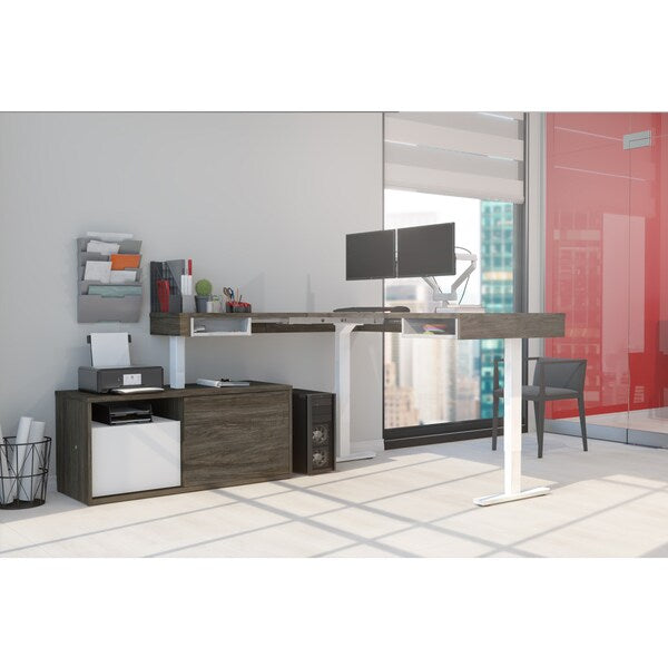 Pro-Vega Height Adjustable L-Desk, Dual Monitor Arm, Walnut Grey/White