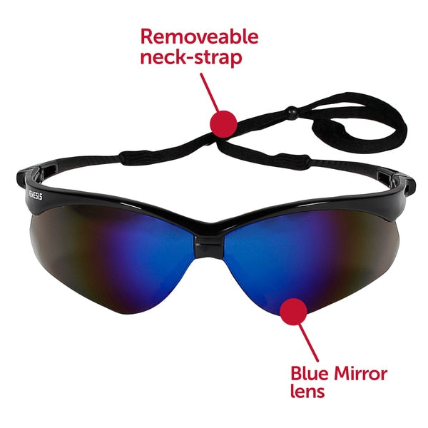 Safety Glasses, Wraparound Blue Mirror Polycarbonate Lens, Scratch-Resistant