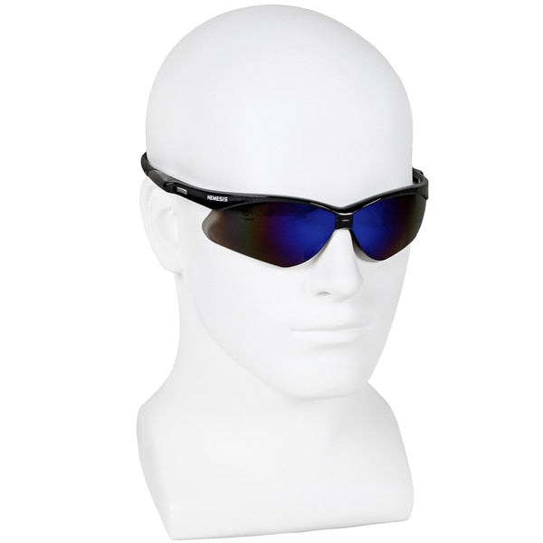 Safety Glasses, Wraparound Blue Mirror Polycarbonate Lens, Scratch-Resistant