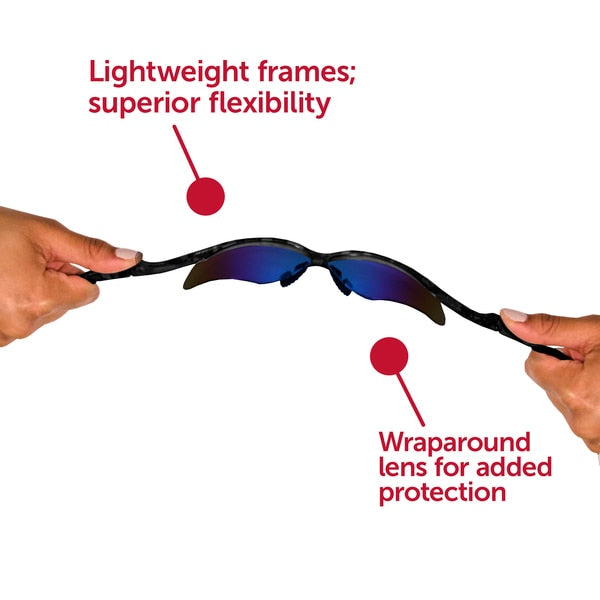 Safety Glasses, Wraparound Blue Mirror Polycarbonate Lens, Scratch-Resistant