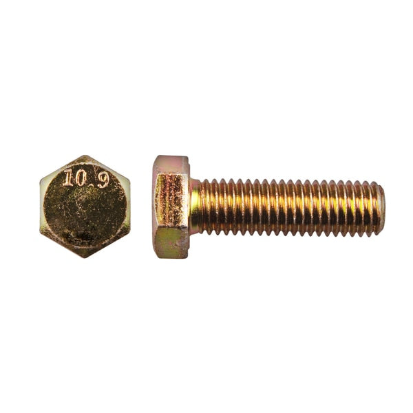 Class 10.9, M12-1.75 Hex Head Cap Screw, Zinc & Yellow Plated Steel, 40 mm L