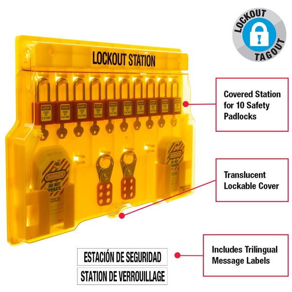 Lockout Station, Wall Mounted, 10-Lock Covered Station with 410RED Zenex Thermoplastic Padlocks