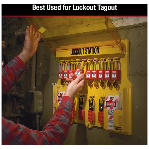 Lockout Station, Wall Mounted, 10-Lock Covered Station with 410RED Zenex Thermoplastic Padlocks