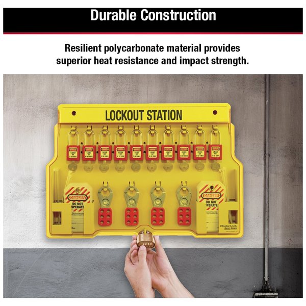 Lockout Station, Wall Mounted, 10-Lock Covered Station with 410RED Zenex Thermoplastic Padlocks