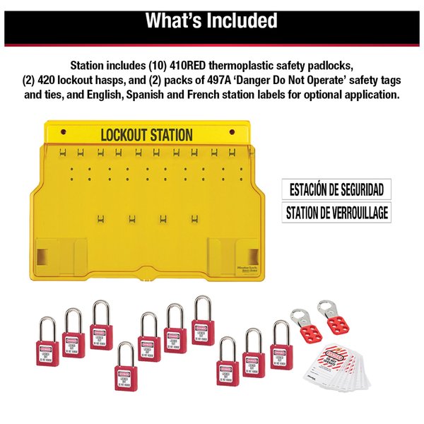 Lockout Station, Wall Mounted, 10-Lock Covered Station with 410RED Zenex Thermoplastic Padlocks