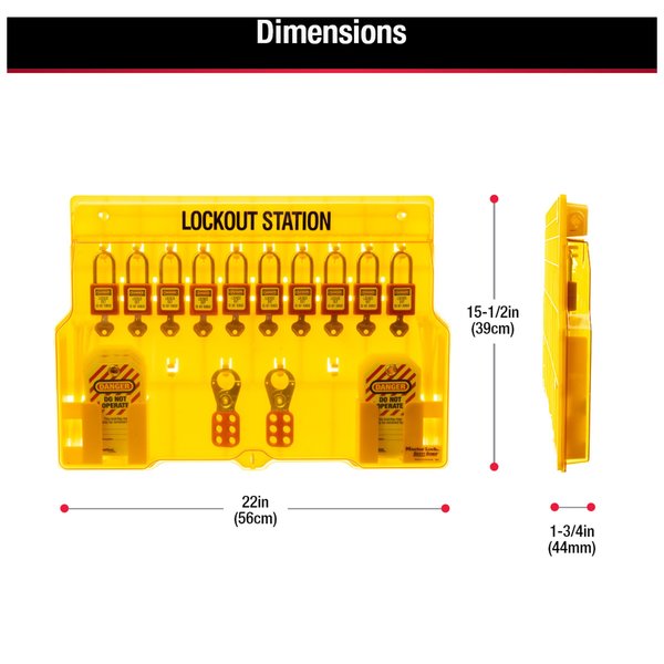 Lockout Station, Wall Mounted, 10-Lock Covered Station with 410RED Zenex Thermoplastic Padlocks