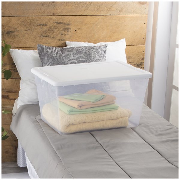 Storage Tote, Clear/White, Plastic, 23 in L, 16 1/4 in W, 12 3/8 in H, 14.0 gal Volume Capacity