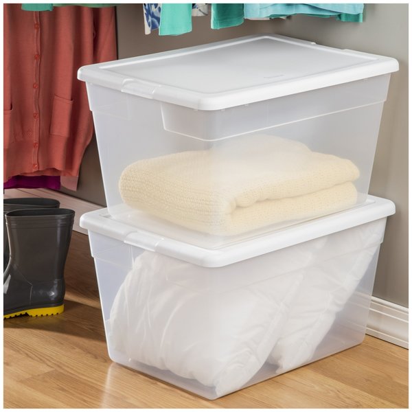 Storage Tote, Clear/White, Plastic, 23 in L, 16 1/4 in W, 12 3/8 in H, 14.0 gal Volume Capacity