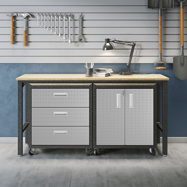 Fortress 3-Piece Mobile Steel Garage Cabinet and Worktable 3.0 in Grey